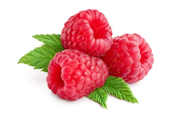 Ripe raspberries with leaf isolated on a white background