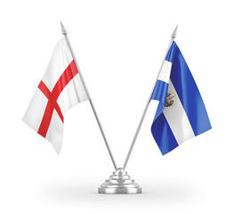 El Salvador and England table flags isolated on white 3D rendering
