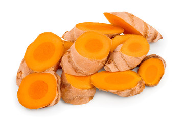 turmeric root slices isolated on white background close up