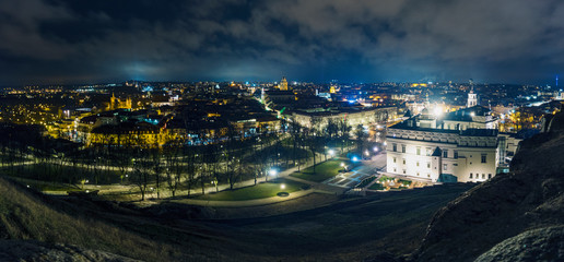 Beautiful night time panorama from Gediminas Hill overlooking the old town of capital city Vilnius, Lithuania. The Cathedral Square.