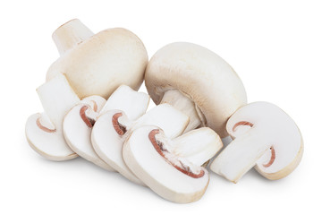 Fototapeta na wymiar Fresh mushrooms champignon and slices isolated on white background with clipping path