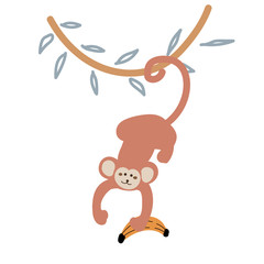 Cute cartoon monkey hanging down from a liana vector childish illustration.