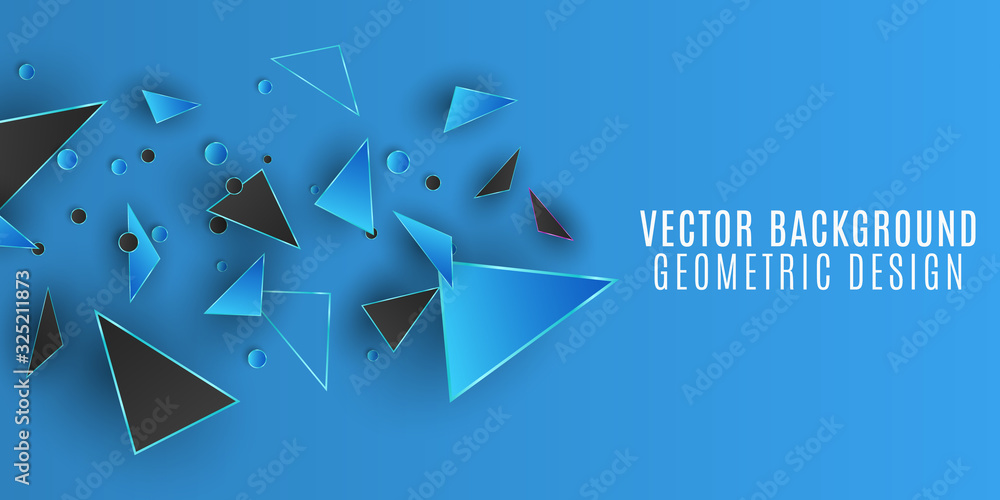 Poster geometric design background. blue and black triangles and circles. abstract polygonal shapes. templa