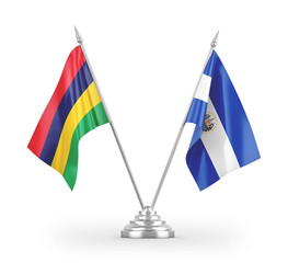 El Salvador and Mauritius table flags isolated on white 3D rendering