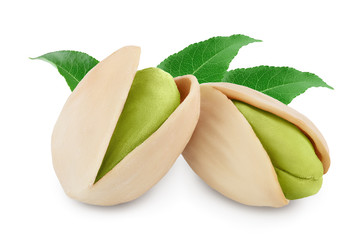pistachio with leaves isolated on white background with clipping path and full depth of field