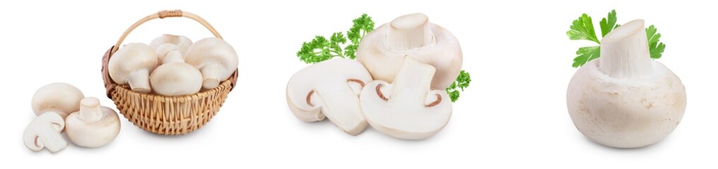 Fresh mushrooms champignon isolated on white background with clipping path and full depth of field. Set or collection