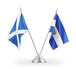 El Salvador and Scotland table flags isolated on white 3D rendering