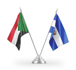 El Salvador and Sudan table flags isolated on white 3D rendering