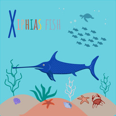 Colorful book alphabet. Xiphias fish. Book of animals. Letter X