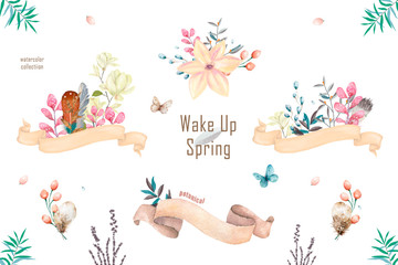 Watercolor flowers bouquets set with feathers. Watercolour color organic feather design print. Isolated illustration on white background Floral foliage design