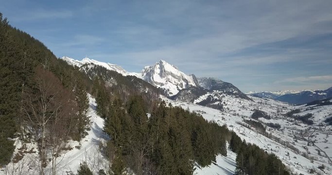 Snow covered winter sports resort S&auml;ntis, Swiss Alps - aerial video