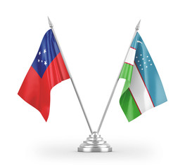 Uzbekistan and Samoa table flags isolated on white 3D rendering