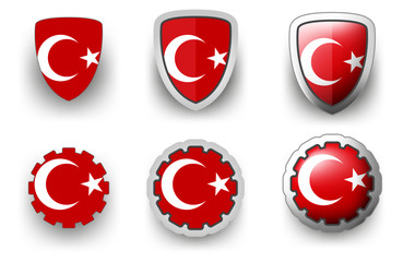 6 Turkey vector icons button shield and gear, flat and volumetric style in flag colors red, white for flyer any holiday design or poster
