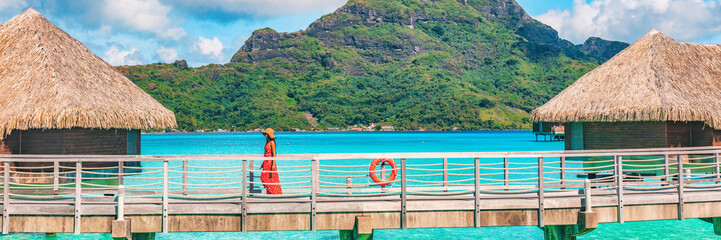 Tahiti luxury resort vacation in Bora Bora island, French Polynesia summer travel header landscape....