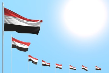 beautiful any feast flag 3d illustration. - many Yemen flags placed diagonal on blue sky with place for your text
