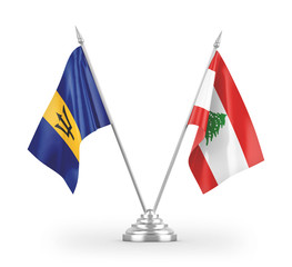 Lebanon and Barbados table flags isolated on white 3D rendering