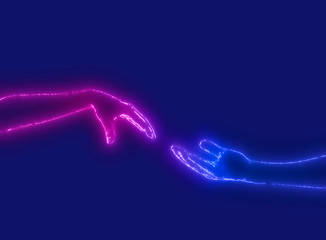 Neon Helping Hands Isolated On The blue Background