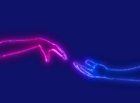Neon Helping Hands Isolated On The blue Background