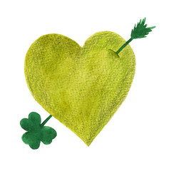 Green heart with shamrock arrow. Festive irish heart shape. Arrow pierced heart. Hand-drawn illustration with watercolor and colored pencils. Design element for St. Patrick's Day and Valentine's Day