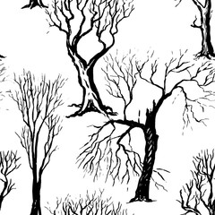 Vector hand drawn seamless pattern. Monochrome dense forest wallpapers in sketch style. Background with different silhouettes of trees without leaves isolated. Design for wrapping, fabric, prints etc.