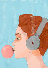Retrato ilustrado, chica escuchando música dentro de el agua