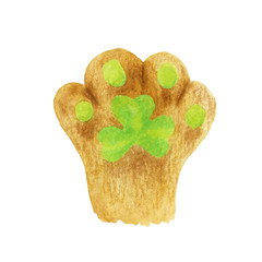Cat's foot with a green shamrock pad. Hand-drawn illustration of a cat paw with watercolor and colored pencils. Humorous cat foot for St. Patrick's Day