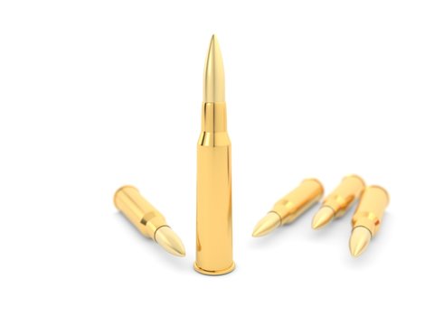 Military army bullets on a white background. 3d render illustration..