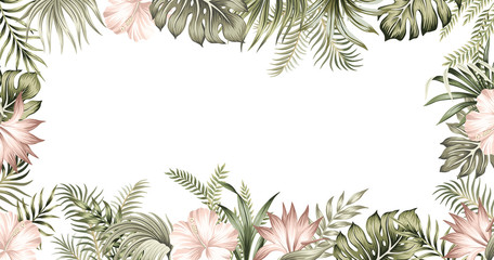 Tropical summer hibiscus, strelitzia flower, palm leaves, vintage floral frame. Exotic illustration.