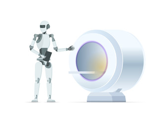 Mri scan machine controlled by ai robot. Medical technology future. Cybernetic doctor. Vector flat illustration concept on white background.