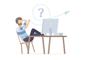 Man lazy at work, delaying work in office. Worker relaxes leaning back in his chair. Manager immersed in dreams in the workplace. Relaxing and launching a paper airplane. Vector illustration.