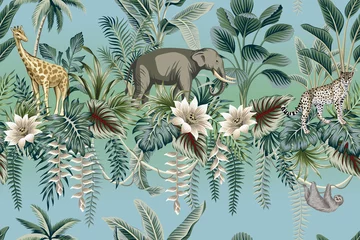 Behang Tropische print Tropische vintage botanische landschap, lotusbloem, palmboom, plant, palmbladeren, luiaard, luipaard, olifant, giraffe naadloze bloemmotief achtergrond met kleurovergang. Jungle wilde dieren behang.