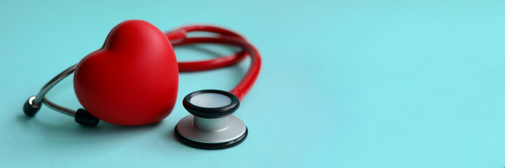 Red stethoscope with heart on blue modern background. Medical insurance concept