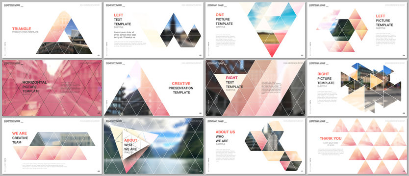 Minimal presentations design, portfolio vector templates with triangular design background, triangle style pattern. Multipurpose template for presentation slide, flyer leaflet, brochure cover, report.