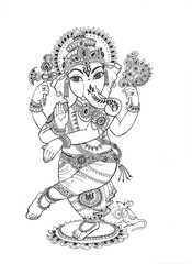 Illustration of Lord Ganesha dancing. Black ink drawing on a white background.