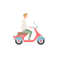 The guy is riding a motor scooter. A person is traveling by transport.