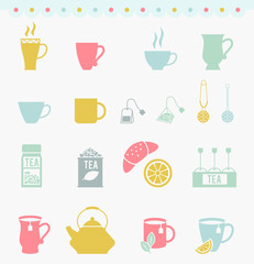 Tea ceremony. Dishes and cups of tea and coffee. Vector set of icons in vintage colors isolated on white background.