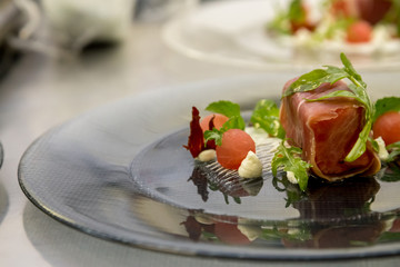 watermelon balls on a plate with cream cheese