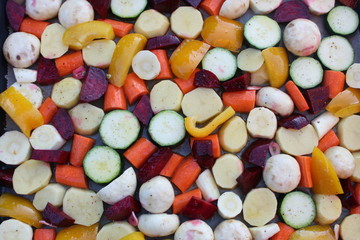 Hintergrund Ofengemüse. Backofengemüse.