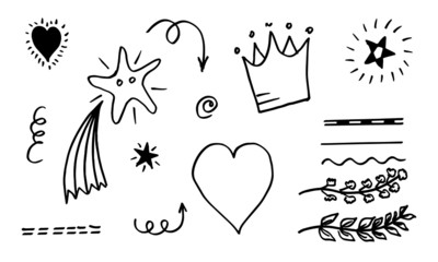 hand drawn set element,black on white background.arrow,heart,love,star,leaf,sun,crown,swirl,heart,for concept design