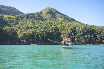 Sea fishing boat from Ilha Grande in the south of Rio de Janeiro, Brazil. Tropical island on the Brazilian coast