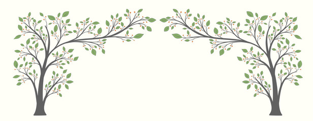 Two flowering trees with leaves and berries in the form of an arch on a light background