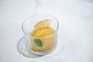 dessert with fruits sorbets on ice