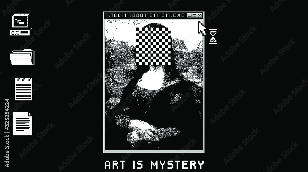 Poster glitched screen with stylized 1-bit image of renaissance painting.