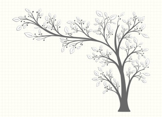 Tree with branches leaves and berries in a gray tone in vintage style on a notebook sheet