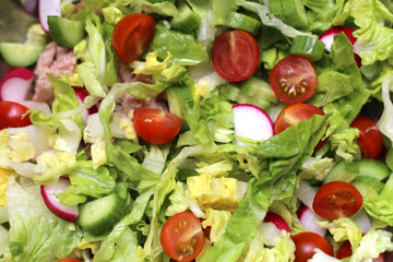 Fresh green salad with tomatoes, cucumbers, radishes and tuna. Mediterranean food. Healthy eating. Close-up vegetable salad