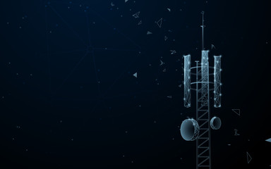 Mast of station of the broadcasting cellular. Telecommunication tower. Lines, triangles and particle style design