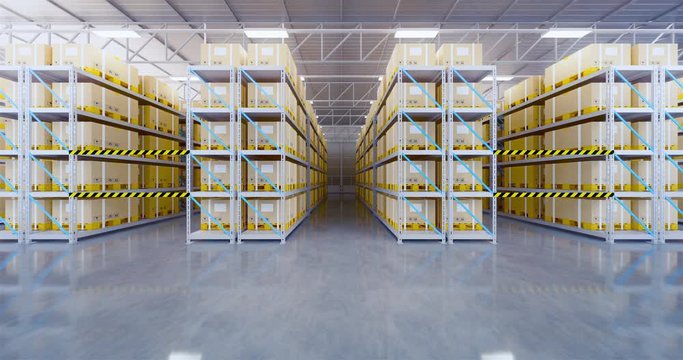 Warehouse or industry building interior. known as distribution center, retail warehouse. Part of storage and shipping system. Included box on shelf in perspective view and concrete floor. 3d render.