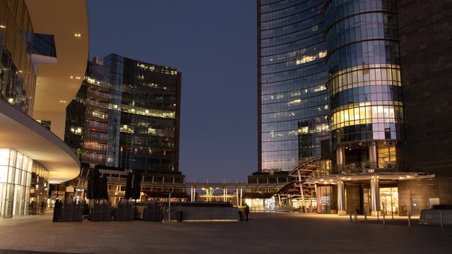 time lapse of sunrise in Gae Aulenti place, Milan, Italy