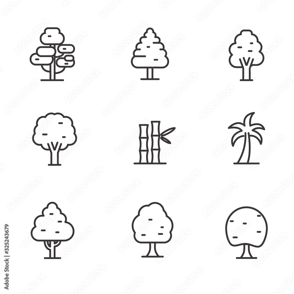 Wall mural set of tree icons in black line design isolated on white background