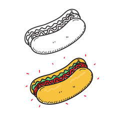 Hot dog vector illustration in cute hand drawn style with 2 different design isolated on white background 